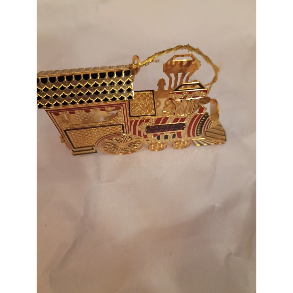 Gold Tone Filigree Santa's Express Train Locomotive Christmas Ornament Red Black - Picture 3 of 4
